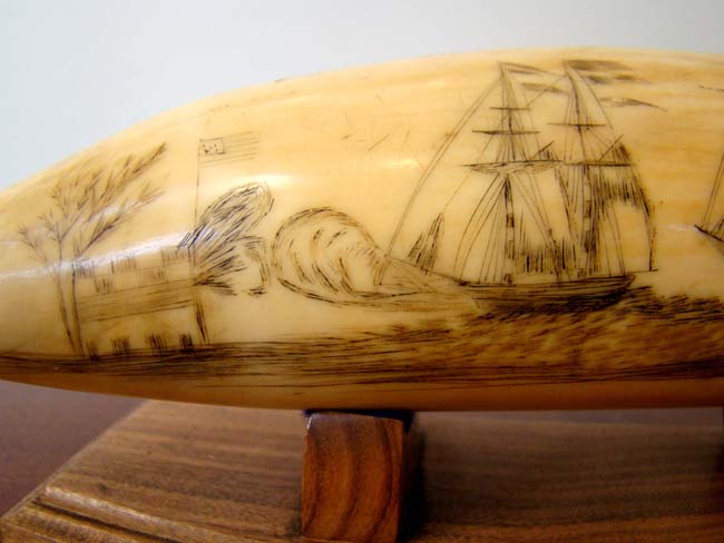 A 19th century Scrimshawed Whale's Tooth depicting a ship firing at an American fort and the fort firing back with its' cannons. — image 3